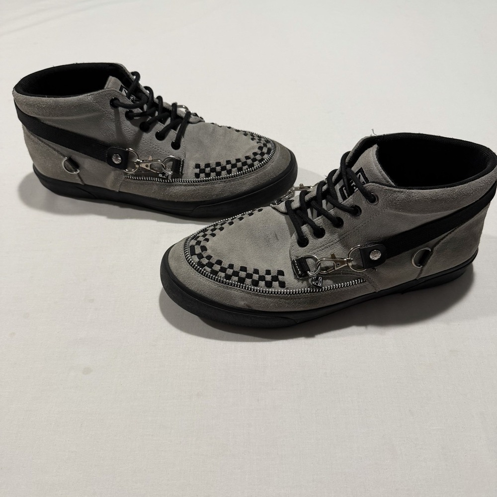 TUK Mens 12 Grey Suede Creeper Sneakers Bondage Straps D-Ring Zipper Punk Rock